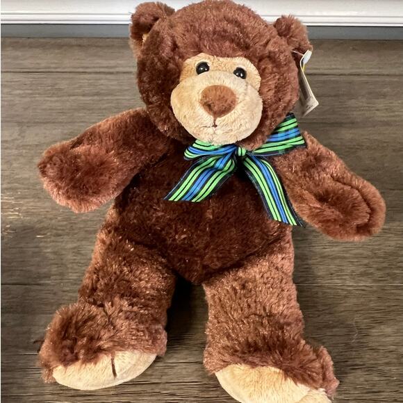 Petting Zoo Dark Brown Teddy Bear‎ Green Plaid Bow Plush With Swing Tag - Picture 1 of 5